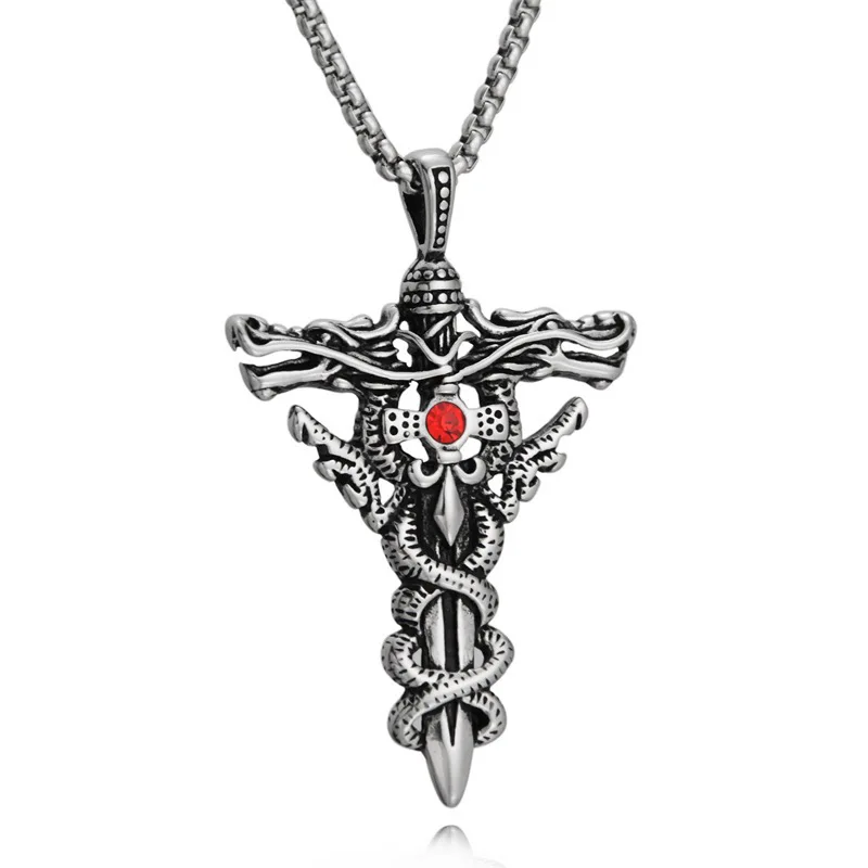 

European And American Stainless Steel Double Dragon Sword Titanium Pendant Retro Punk Cross Necklace