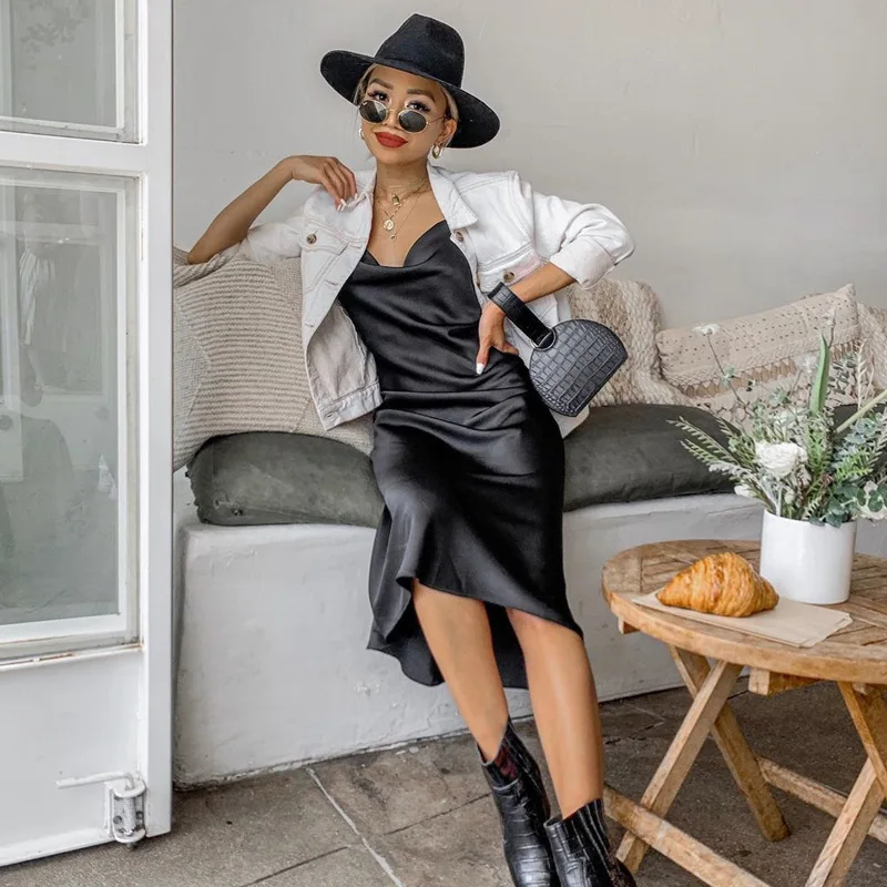 

2021 new ins women's dress European and American evening dress slim one-step dress sexy split neck suspender dress summer