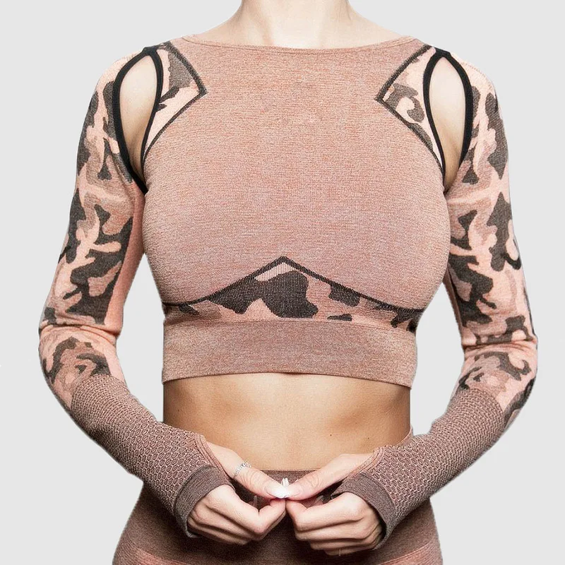 

SALSPOR Women Camo Seamless Long Sleeves Sport Shirts Shark Fitness Hollow Out Cropped Yoga Top Gym Stretch Tight Workout Tops