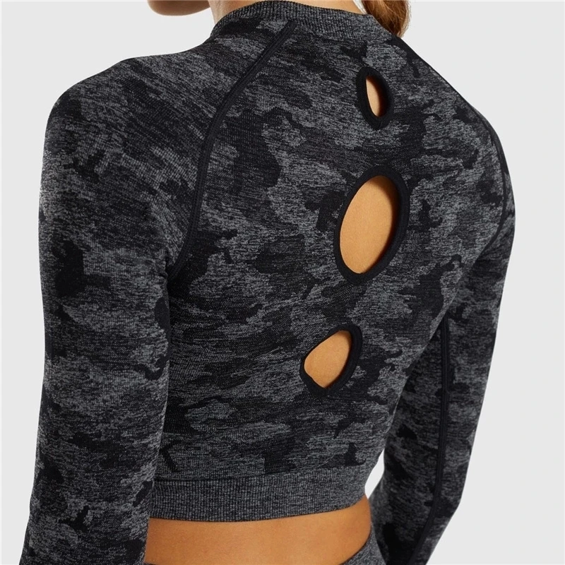 Новые женские камуфляжные бесшовные топы для йоги с длинным рукавом и