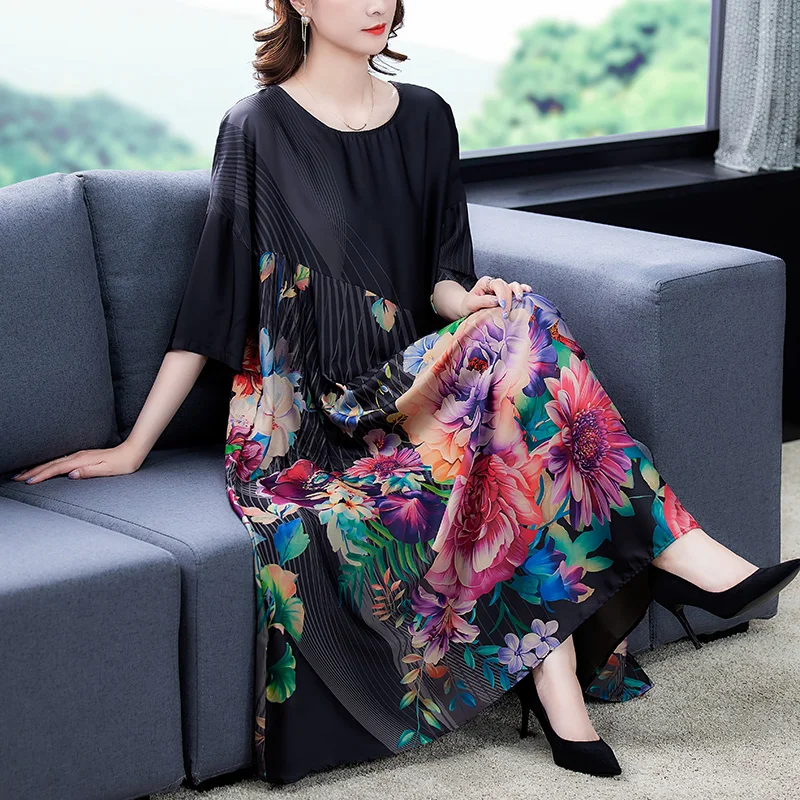 

Loose Casual M-4XL Plus Size 2021 Mulberry Silk Dress Spring Summer Vintage Black Floral Dress Elegant Women Bodycon Vestidos