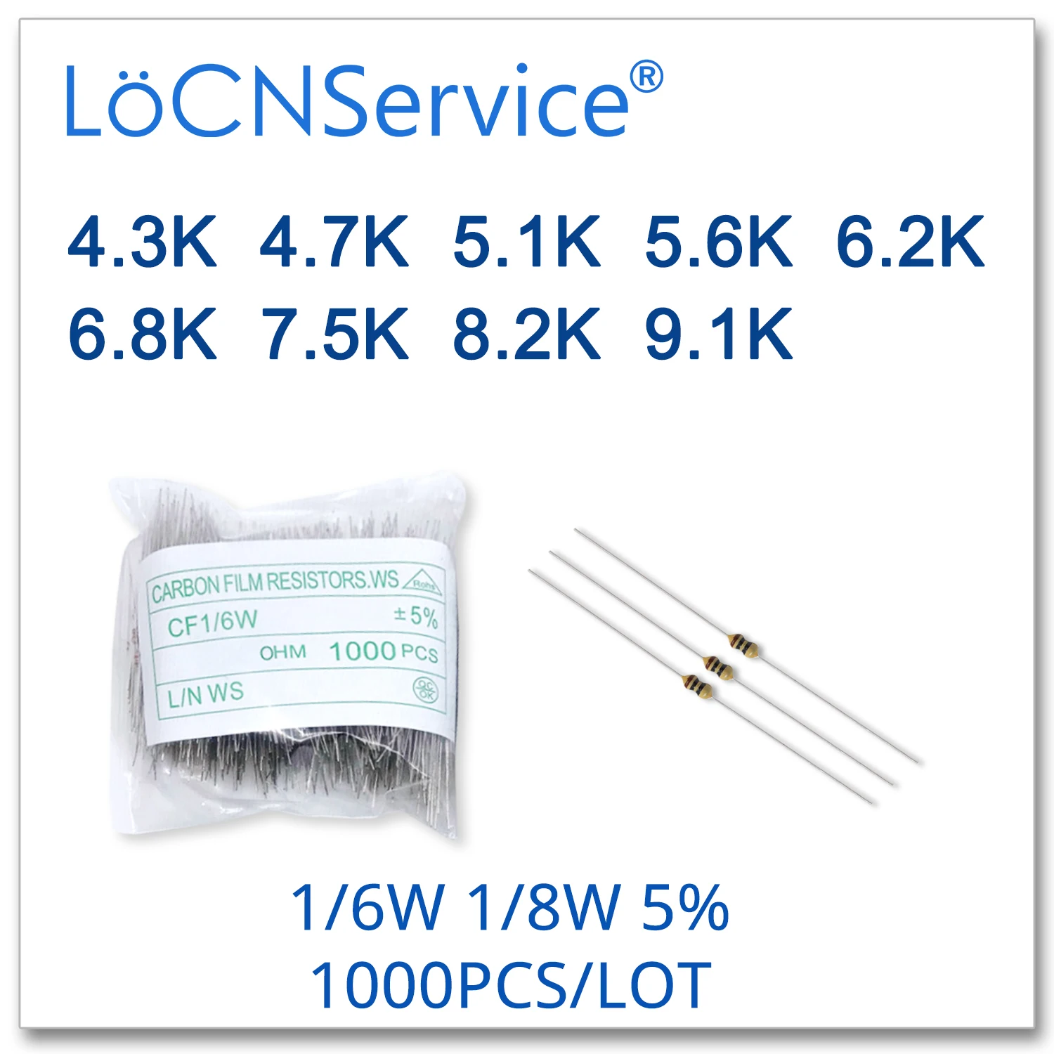 LoCNService 1000 шт./лот 5% 1/6W 1/8W 4 3 K 7 5 1 6 2 8 9 углеродная пленка DIP Ом резистор|Запасные