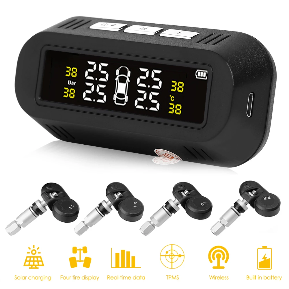USB Солнечная TPMS C68 автомобильная система контроля давления в шинах Солнечная энергия цифровой ЖК-дисплей Автомобильный датчик контроля давления в шинах TPMS 4 датчика