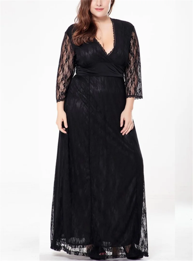 

BlackPlus Size New Design Fashionable 3/4 Long Sleeve V-Neck Celebrities Floor Length Lace Evening Dress Party Dress Prom Dress