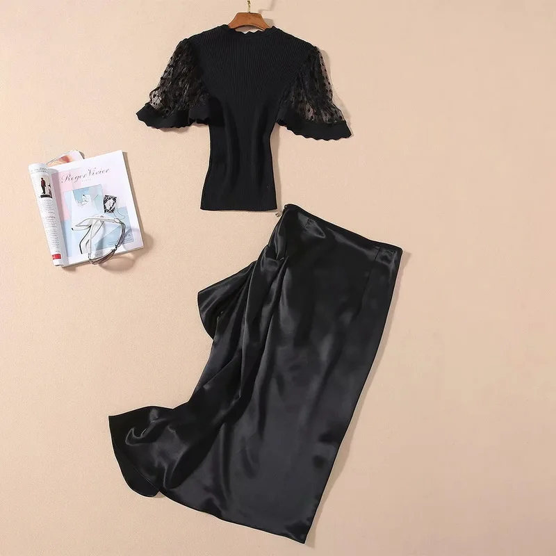 

Top Quality New 2020 Summer Women Sexy Sheer Mesh Patchwork Knitted Tops+Polka Dot Print Midi Skirt Set White Black