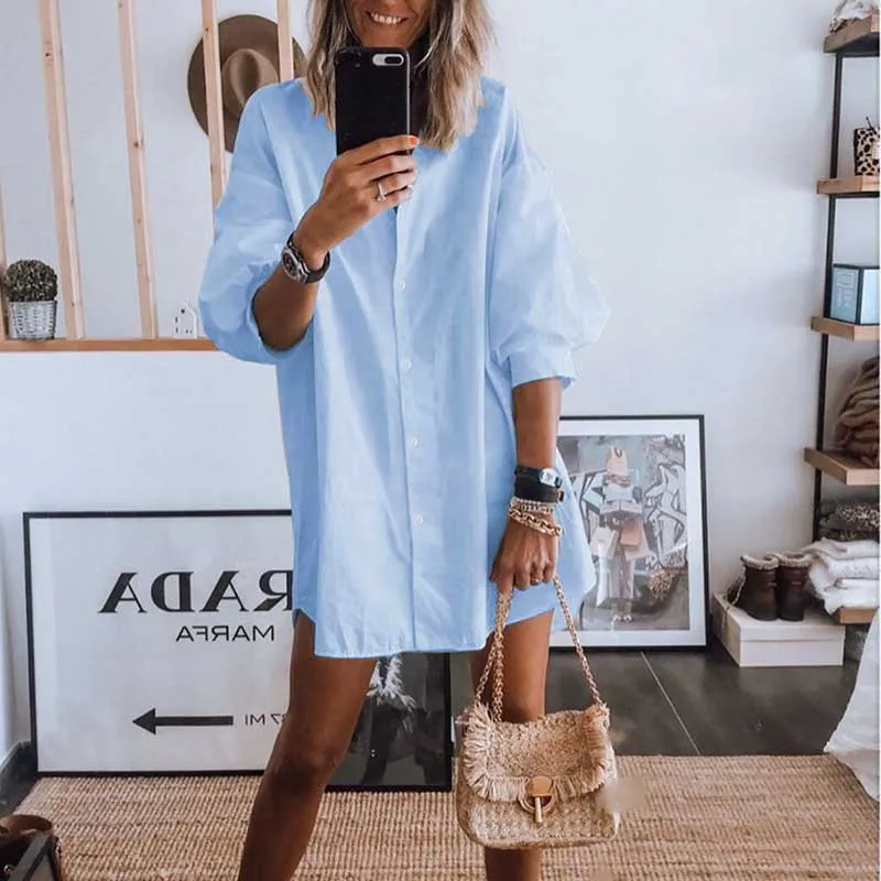 

Autumn Lantern Sleeve White Shirt Dress 2020 Women Casual Single Breasted Loose Dress Winter Ladies Print Office Vestidos