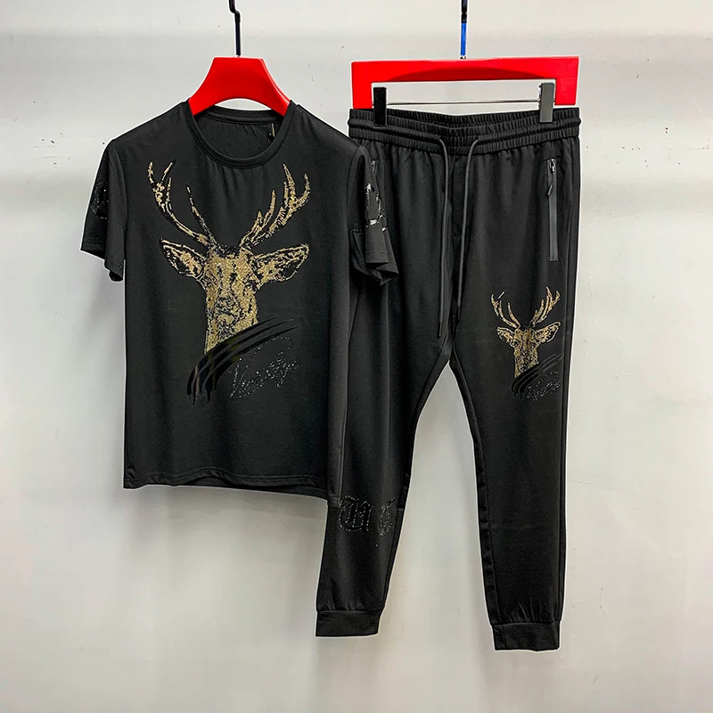 

Men's ice silk suit hot drill deer net red sports leisure trend Korean version handsome tide brand fashion fall feeling spring a