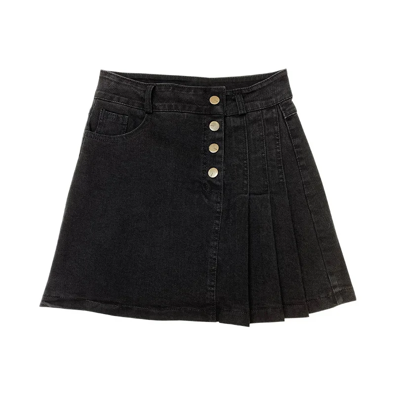 

Women Cowboy High Waist A-Line Irregular Pleated Skirt 2021 New Elastic Kawaii Short All-Match Thin Skirts Female Fashion Bottom