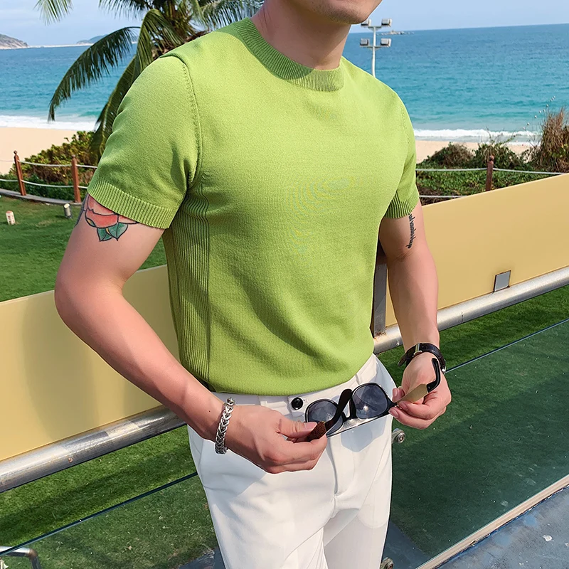 

T Shirt for Men Pure color Clothing Streetwear Round Neck Shirt Fashion Knit Slim Thin autumn Short Sleeve T-shirts Tops