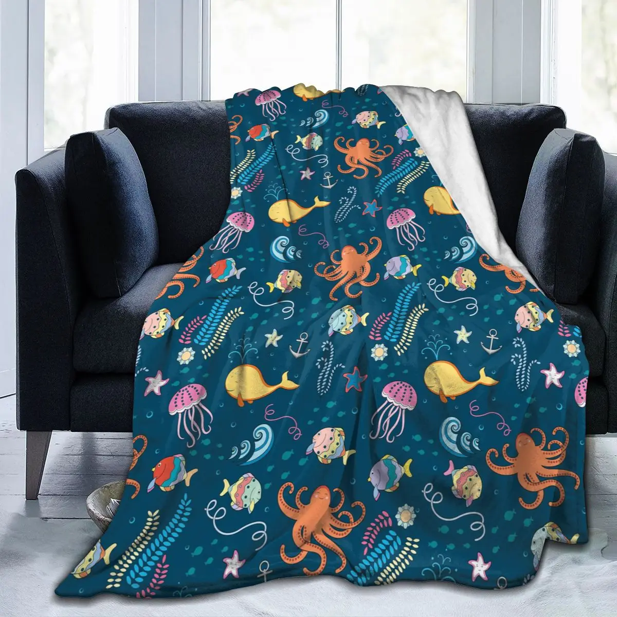 

Unique Blanket Marine World Fish Octopus Jellyfish Starfish Anchor Seaweed Durable Super Soft Comfortable for Home Gift Blanket