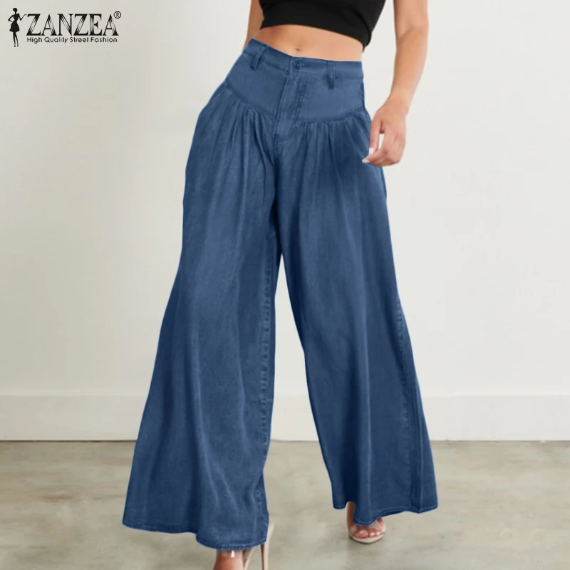 

Fashion Denim Blue Women's Pants 2021 OL Autumn Wide Leg Pants ZANZEA Casual Solid Ladies Solid Loose Button Oversized Pantalon
