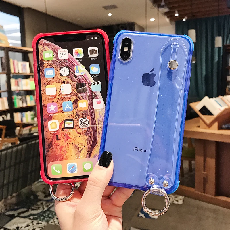 Glitter Powder Holder Phone Case For iPhone 11 X XR XS Max 6 6S 7 8 Plus Transparent Soft TPU Wrist Strap Shockproof Back Cover |