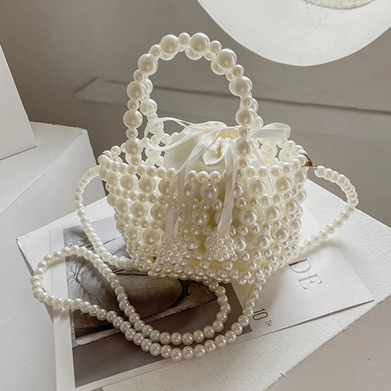 

Fashion Simple Ladies Shoulder Bag 2021 Winter New Solid Color Hollow Woven Pearl Handbags Leisure Travel Crossbody Bags Female