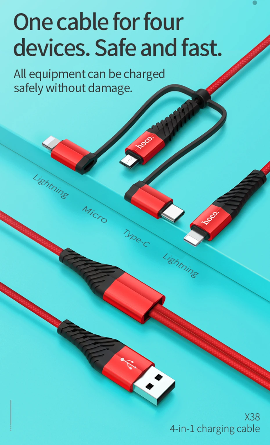 HOCO 4 в 1 usb-кабель для iPhone 11 Pro X XS max XR кабель для быстрой зарядки 3 в 1 кабель Micro USB type C для samsung Galaxy S10 S9