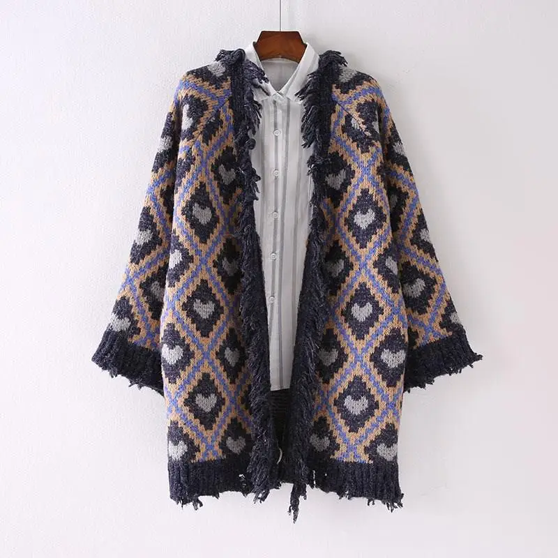 V-Neck Knitted Geometric Plaid Cardigan Women New Loose Plus Size Sweater Coat |