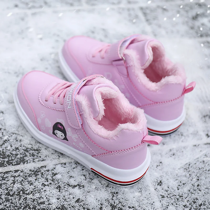 

Winter Children Casual Leather Shoes Warm Cotton Girls Sneakers Non-slip Kids Plush Flats Velcro Lightweight Fashion Pink