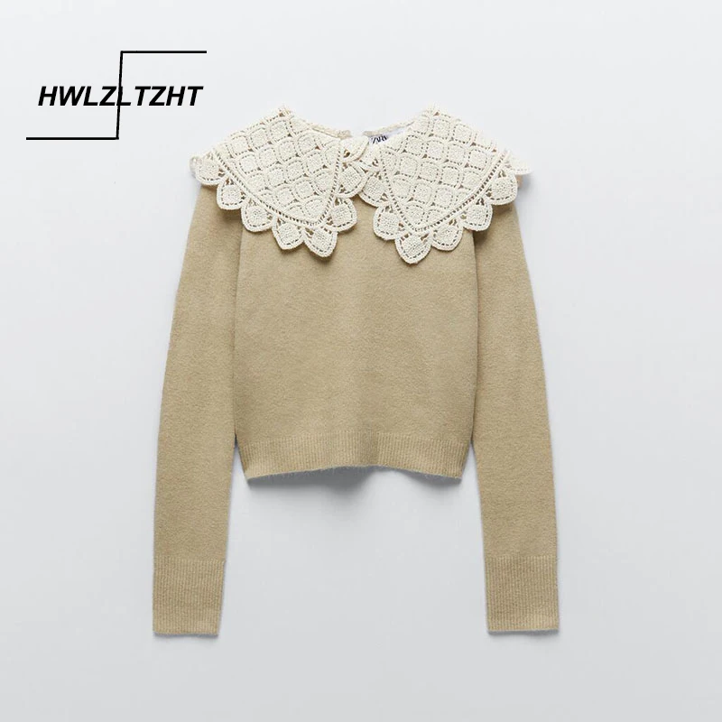

Вязаный свитер HWLZLTZHT с кружевной аппликацией для женщин, элегантный свитер с длинным рукавом и воротником с лацканами, 2021