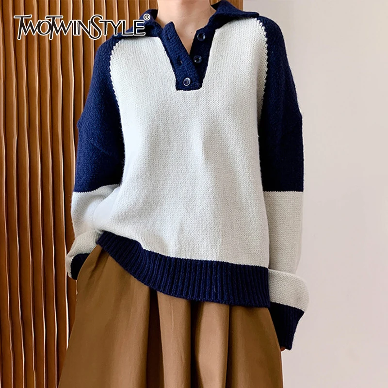 

TWOTWINSTYLE Casual Knitting Sweater For Women Lapel Loose Long Sleeve Patchwork Buttons Colorblock Pullovers Female 2021 Autumn