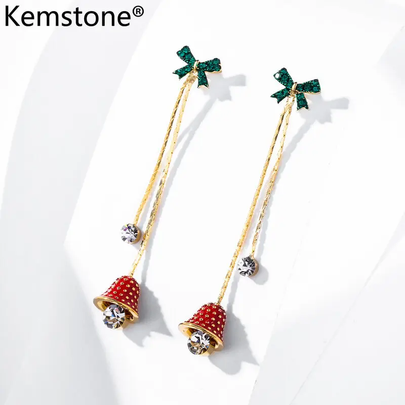 

Kemstone 925 Silver Post Bow-knot Bell Christmas Gift Women's Long Tassel Drop Earrings Jewelry