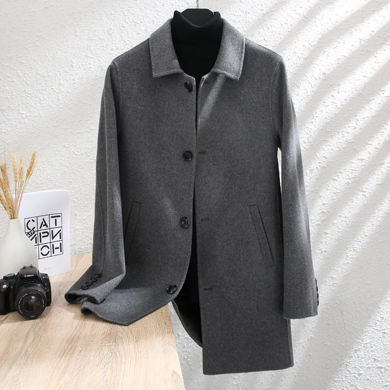 

New mid long double faced overcoat for men's woollen fabric slim cashmere windbreaker suit coat