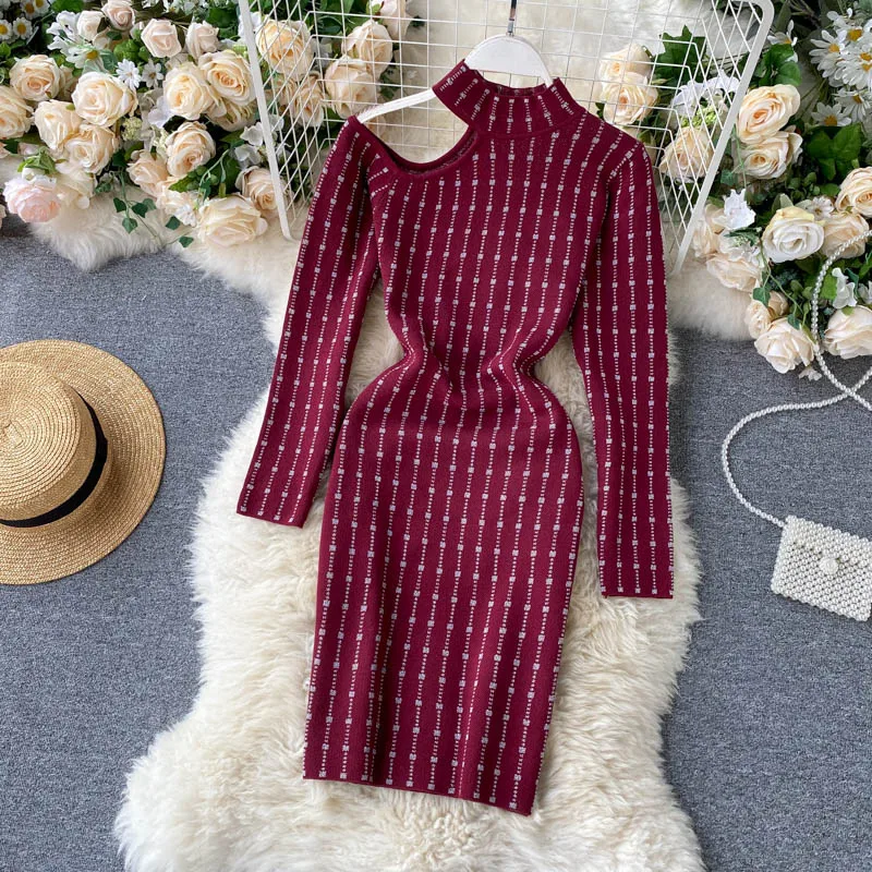 

Europe Fashion Women Autumn Halter Long Sleeve Bodycon Dress Hollow Out Knitted Short Dress Ladies Striped Party Dress