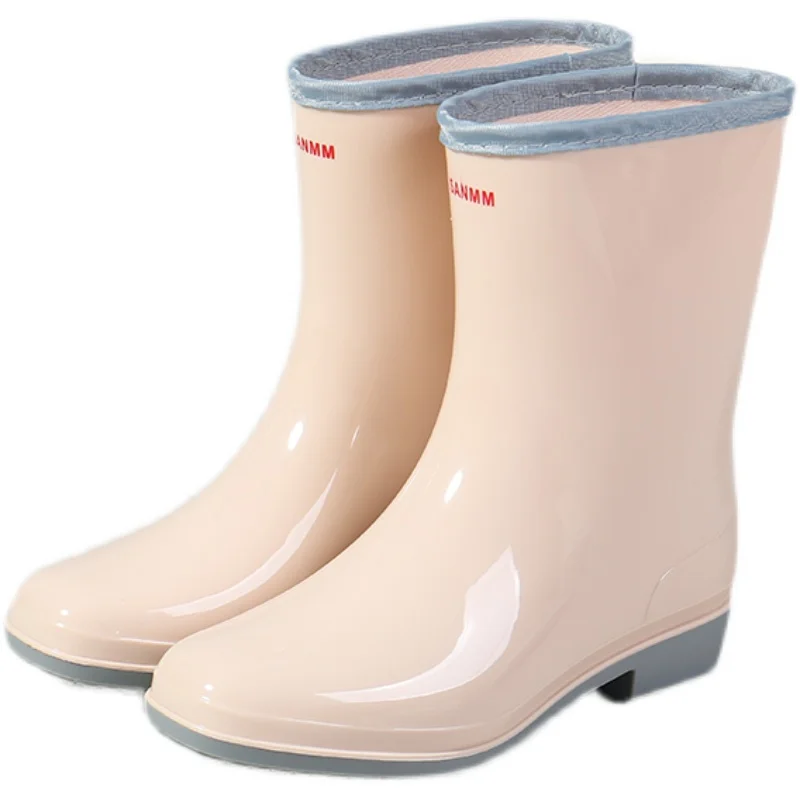 Pvc Water Shoes Women Thick Heel Mid Calf Boots Waterproof 2021 Color Female Casual Rainboots for Rain Winter Warm Sock Boots