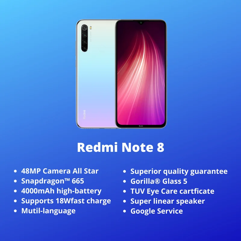 Redmi Note 8 Xiaomi глобальная версия 4 Гб 64 Гб Смартфон 48MP камеры Snapdragon 665 6,3 FHD 4000 мАч 4K видео глаз экран