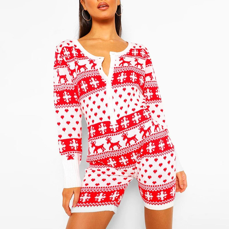 

Christmas Women Rompers Playsuit Knitted Long Sleeve Button Romper Shorts Jumpsuits Knitwear Xmas Female Homewear Autumn Winter