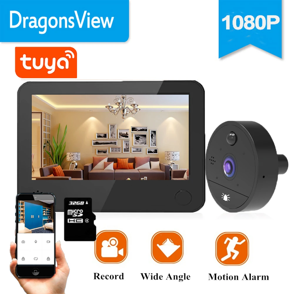 

Умный беспроводной видеоглазок Dragonsview, 1080P, 4,3 дюйма, Wi-Fi, управление через приложение