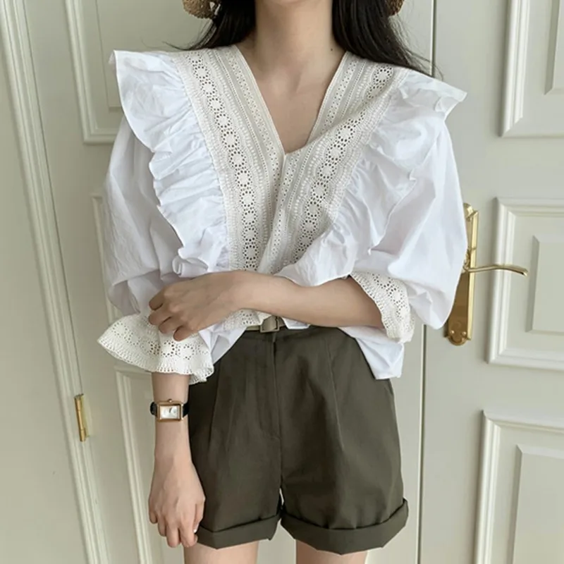 

White Lace Ruffled Tops Summer Cute Sweet Preppy Style Korean Japan Womens Tops Blouses Single-Breasted Shirts White