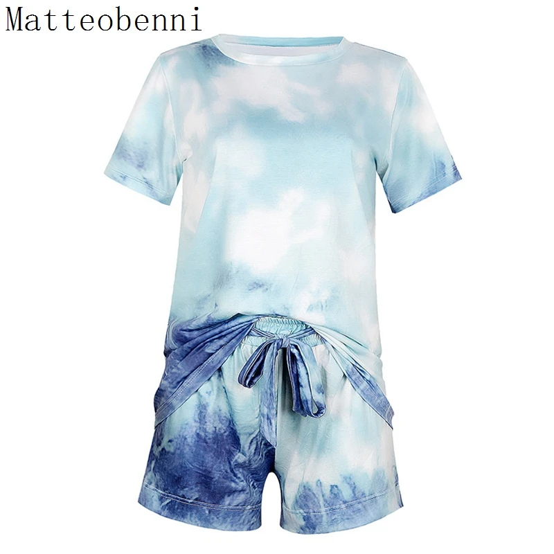

Tie Dye Print Basic Short Sleeve Tops and Shorts Two Piece Set Women Casual Outfits lounge wear Jogging Tracksuit 2020 Summer