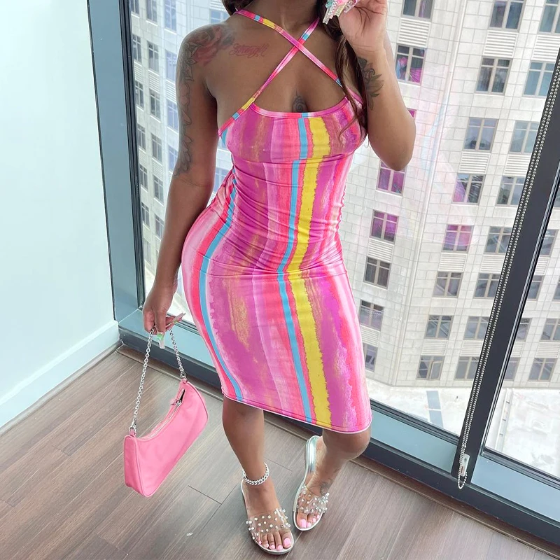 

2021 New Women Bodycon Criss Cross Dresses Club Party Sleeveless Back Cross Sexy Stripes Summer Club Party Mini Sexy Dress