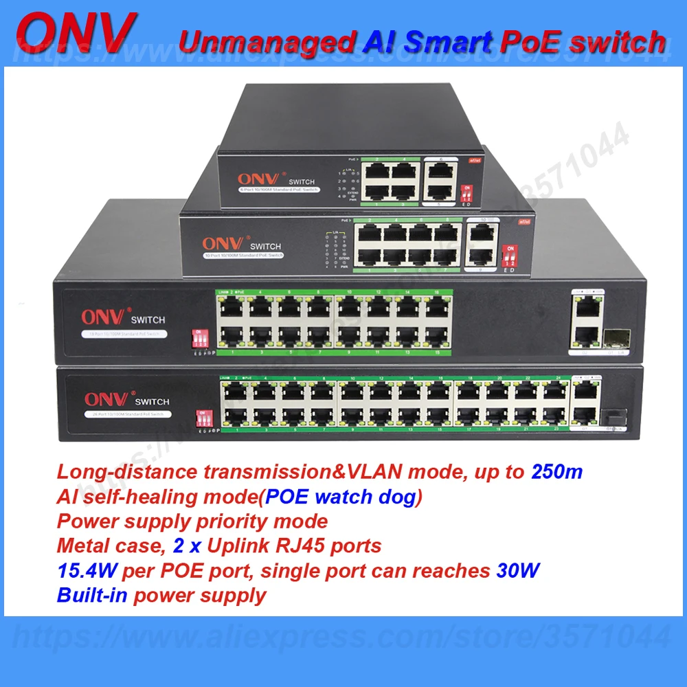 

ONV Unmanaged Smart 100M PoE Switch IEEE 802.3af/at VLAN 250m Transmission AI Self-healing Watch Dog for IP Camera Wireless AP