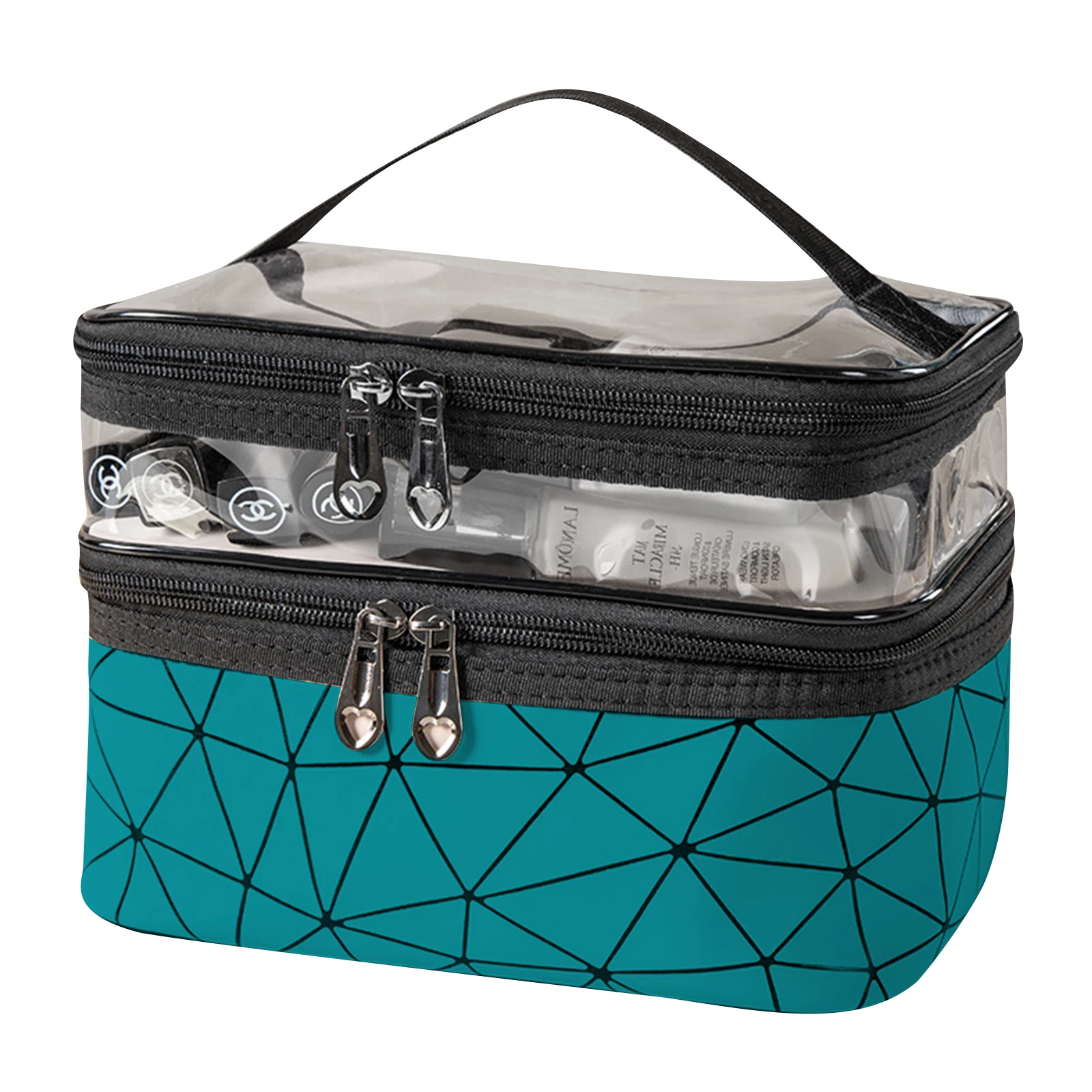 

PU Leather Cosmetic Bag Double Layer Waterproof Makeup Bag Portable Travel Cosmetic Organizer Bag Checkered Pattern