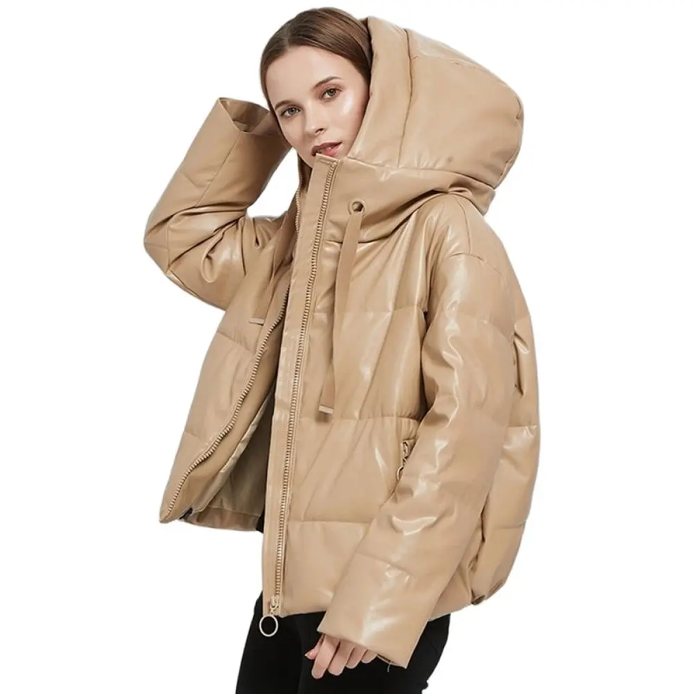 

Aachoae Women Thick Warm PU Faux Leather Padded Coat 2020 Winter Zipper Hooded Jacket Parka Long Sleeve Pockets Outerwear Tops