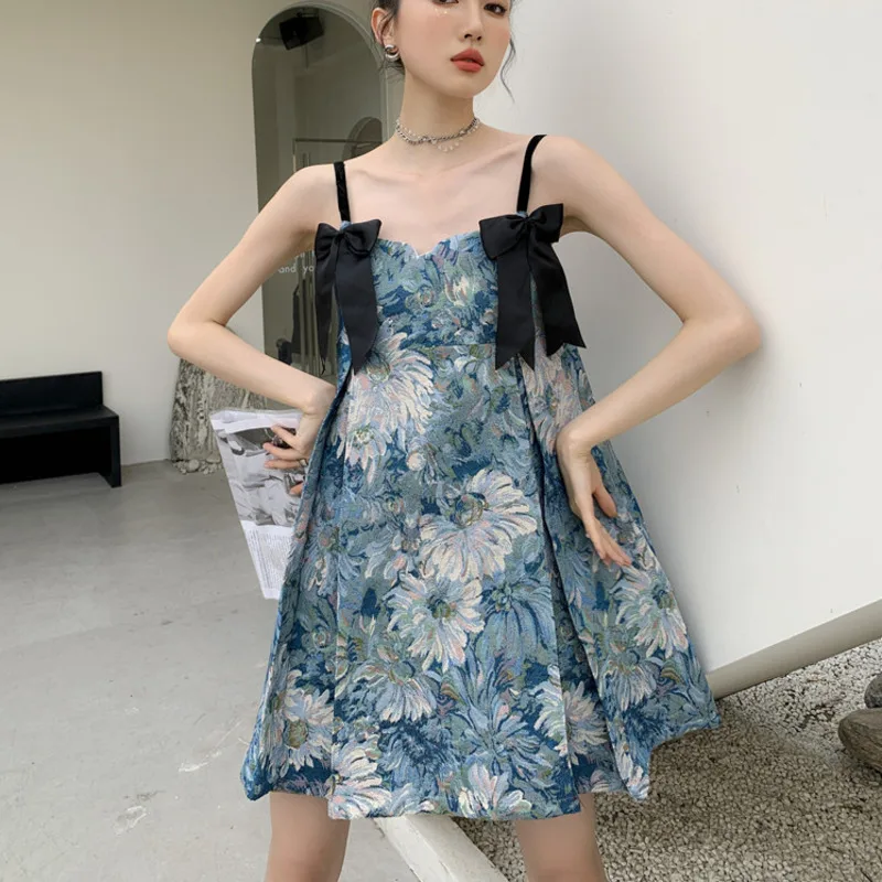 

Vintage Sexy Strapless Mini Dress Women Summer Floral Jarquard Bow-A-line Party Dress Ladies Spaghetti Strap Sweet Robe Femme