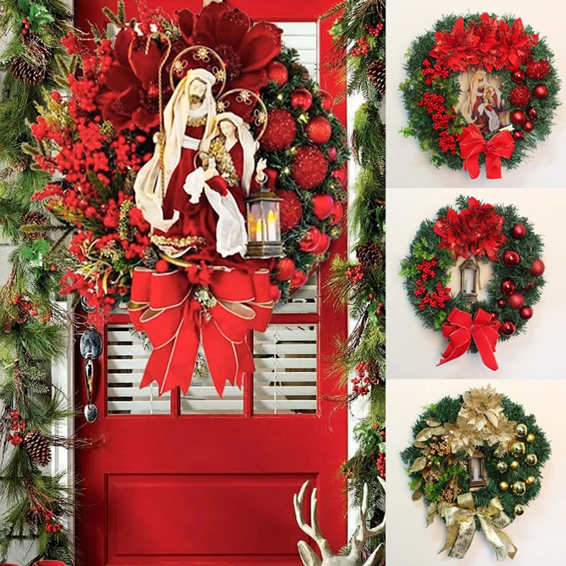 

Рождественский венок на входную дверь, 4 вида, священное украшение Иисуса, реквизит для рождественской фотосъемки, украшение для дома