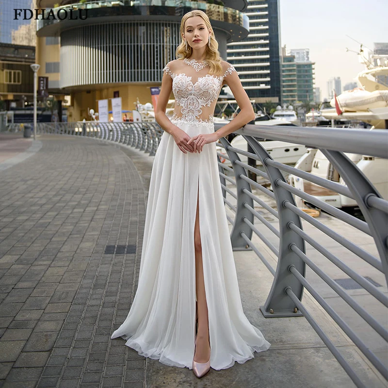 

FDHAOLU FU218 Elegant A-line Chiffon Bridal Dresses 2021 Fashion O-neck Lace Appliques Cap Sleeve Wedding Gowns with Slit