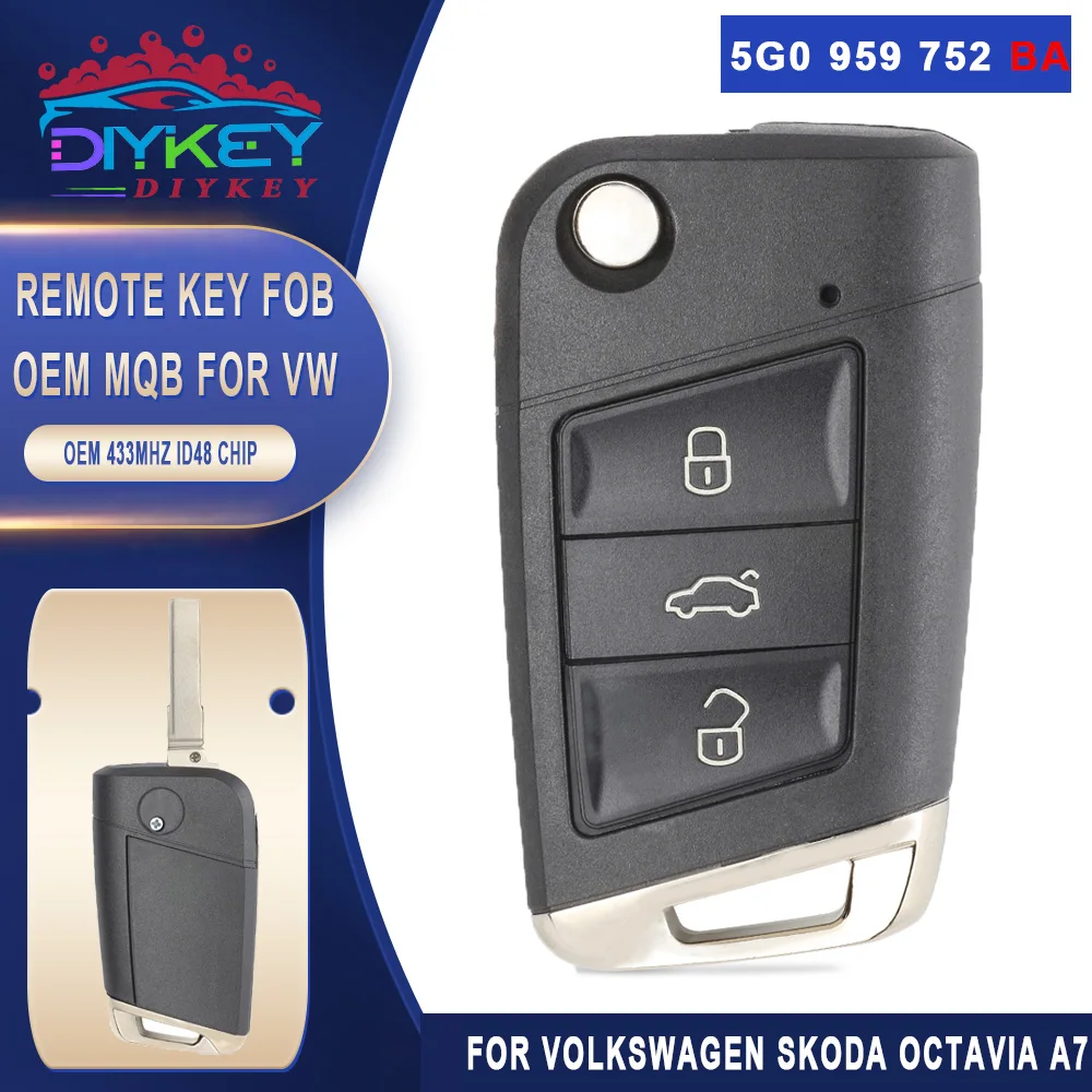 

DIYKEY 5G0959752BA / 5G0 959 752BA OEM MQB 434MHz ID48 Remote Key HU66 Blade Fob for Volkswagen Golf for Skoda Octavia A7