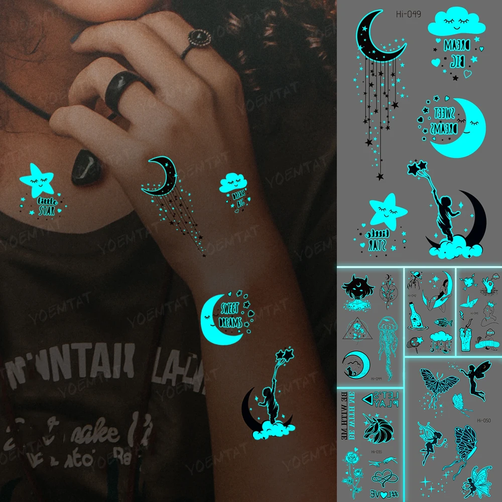 

Luminous Stickers Neck Tattoo Temporary Glitter Tattoo Kids Dreamcatcher Moon Lettering Neck Hand Wrist Tato Green Blue Glow