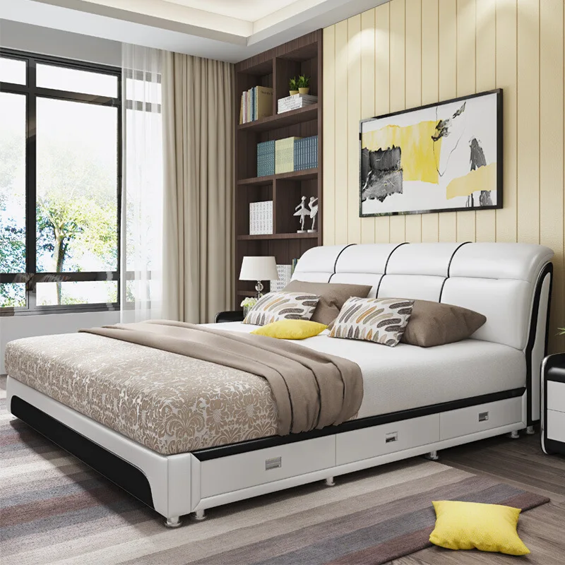 Кожаная двуспальная кровать 1 8 м Современный простой маленький семейный тип 5