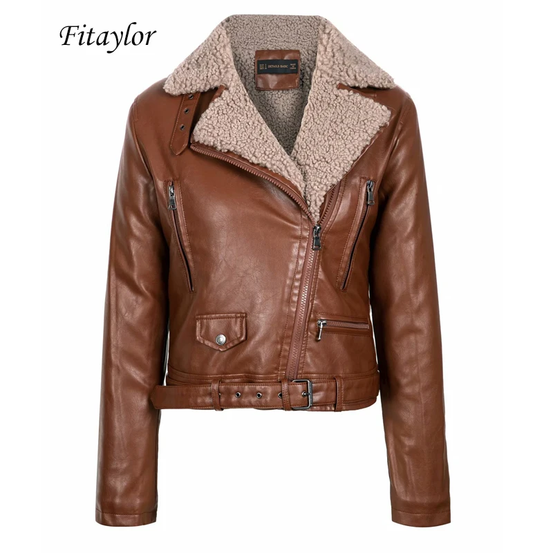 Fitaylor/женская кожаная куртка из искусственной овечьей шерсти Зимняя теплая