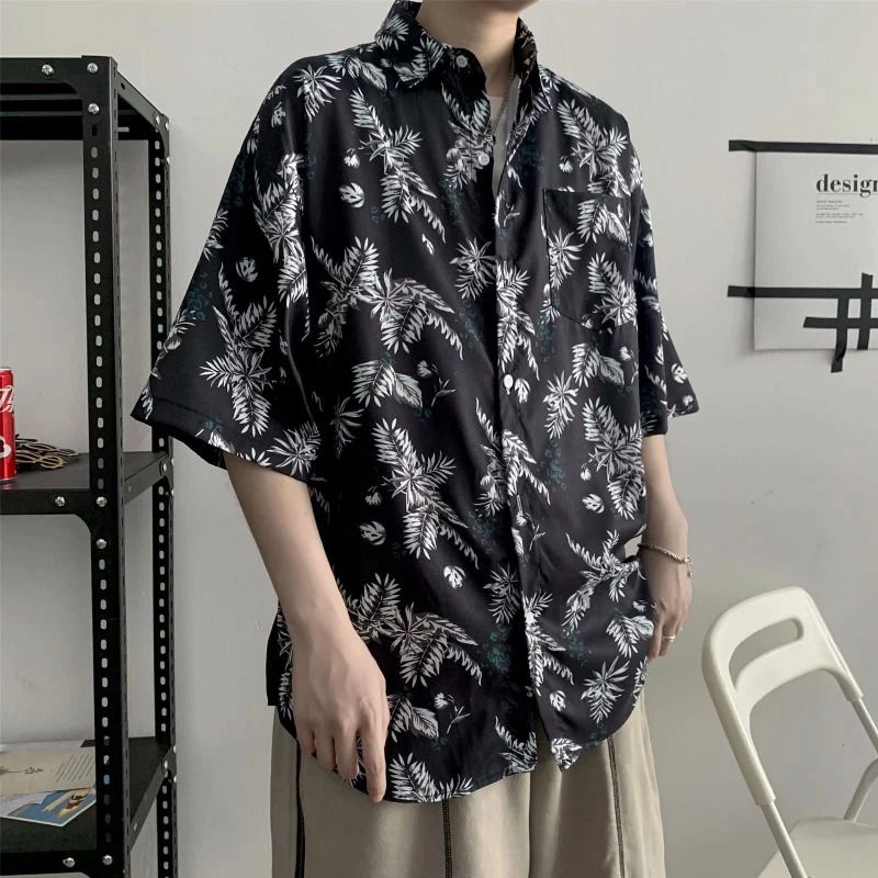 Ruffian Shuai black shirt men's summer thin Hawaiian short sleeve floral design shirts vintage clothes Low price At a loss | Мужская