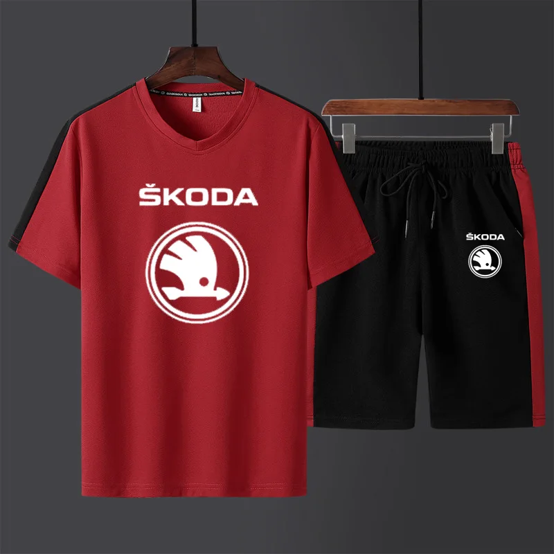 

Summer Men's suits Skoda Car Logo Printed high quality T-shirt Crew neck High Quality Cotton Men's short sleeve+shorts 2-piece s