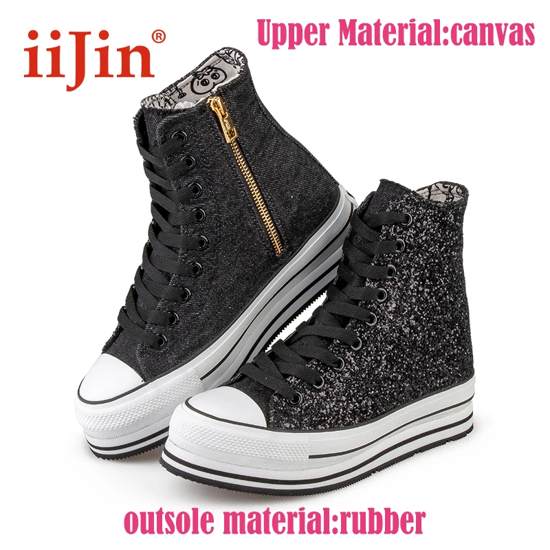 online Iijin Oficial Glitter Fundo Grosso Alto Superior Aumentou Plataforma Zíper Casual Moda Vulcanizada Tendência Senhoras Sapatos Femininos