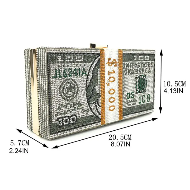 

Money Clutch Rhinestone Purse 10000 Dollars Stack of Cash Evening Handbags Shoulder Bag