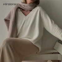hirsionsan elegant simple solid knitting pullovers sweater women casual loose v neck oversized sweater female all match jumper