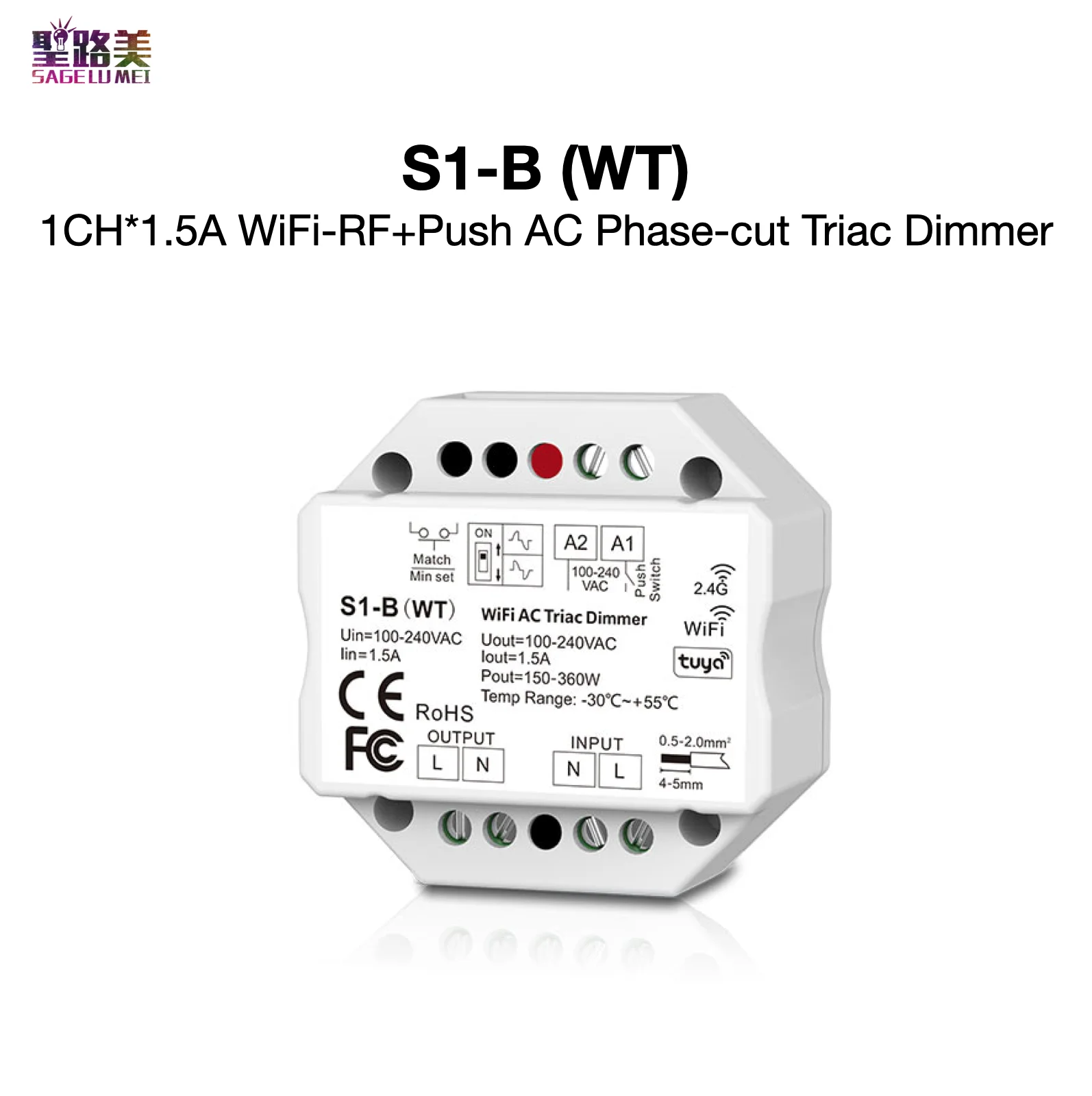 

S1-B (WT) 1CH*1.5A WiFi-RF+Push AC Phase-cut Triac Dimmer Tuya APP Cloud Control / Voice Control SkyDance