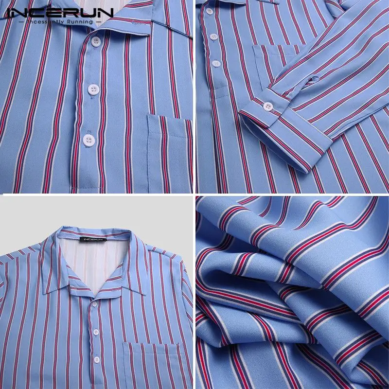 

INCERUN Striped Men Sleep Robes Homewear Long Sleeve Lapel Comfortable Leisure Sleepwear Nightgown Dress Cozy Bathrobes S-5XL