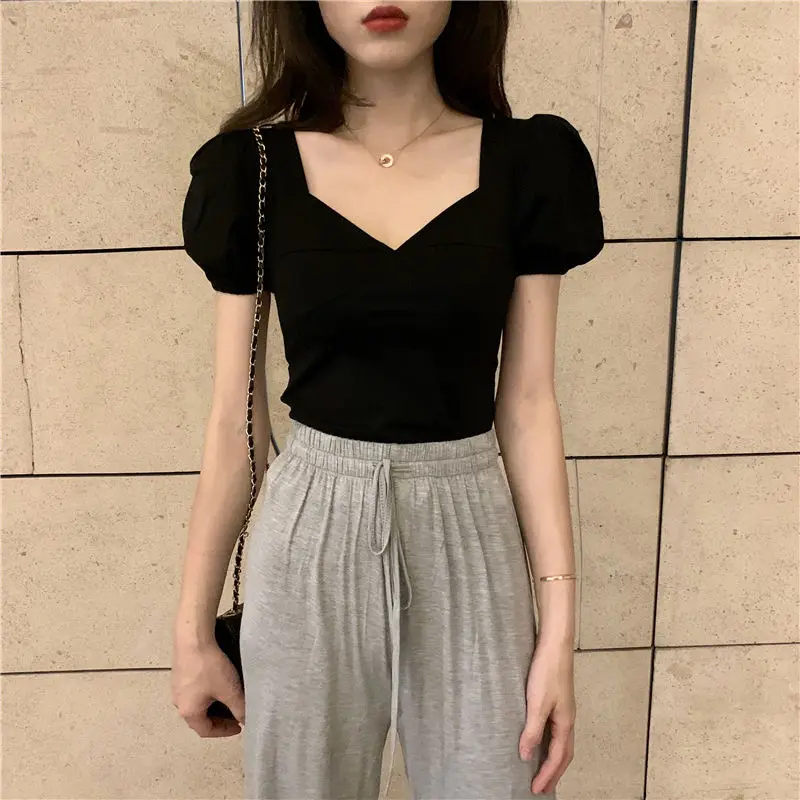 Футболка женская с пышными рукавами элегантный облегающий пикантный летний топ